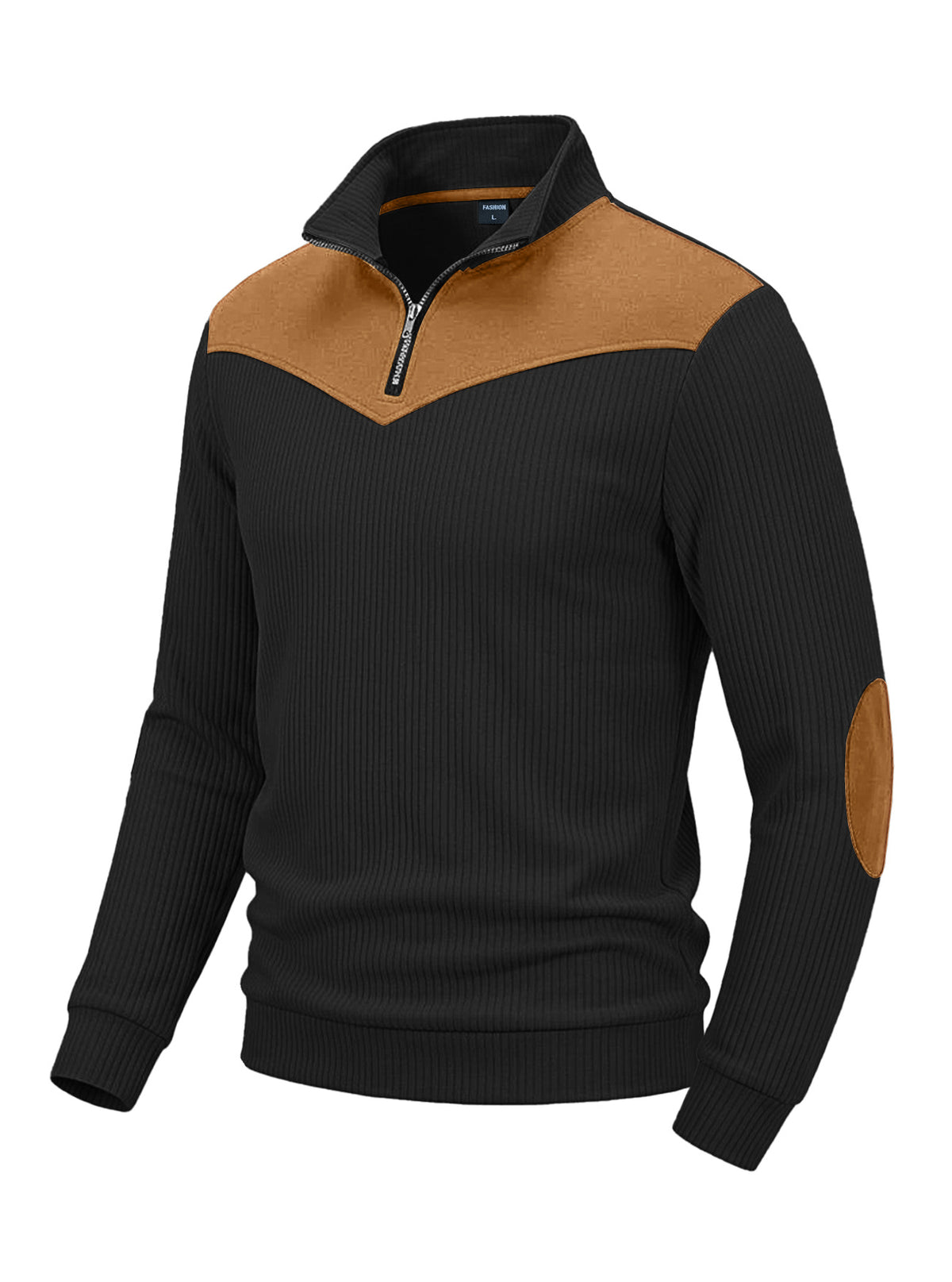 Men's Clothing Vertical Ribbed Half-Zip Stand Collar Sweatshirt with Suede Patchwork Retro Long-Sleeve