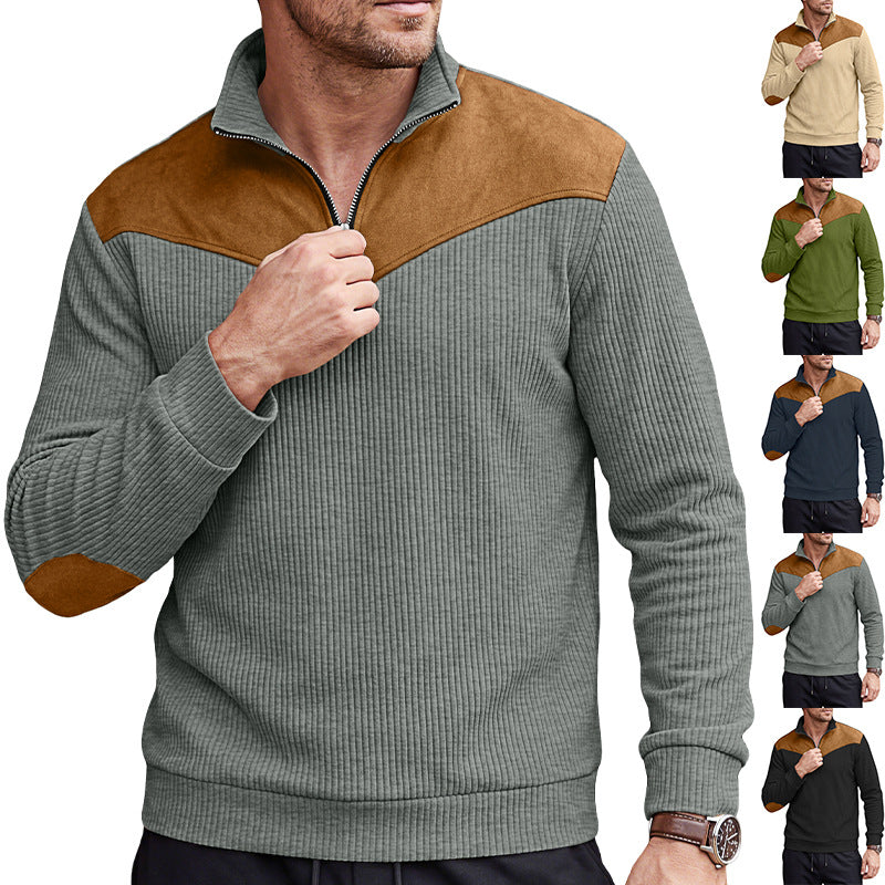Men's Clothing Vertical Ribbed Half-Zip Stand Collar Sweatshirt with Suede Patchwork Retro Long-Sleeve