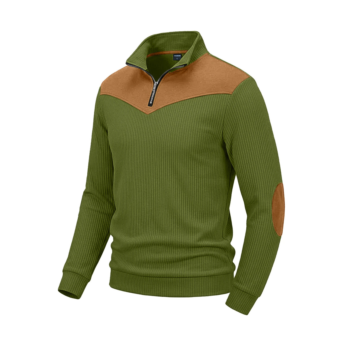Men's Clothing Vertical Ribbed Half-Zip Stand Collar Sweatshirt with Suede Patchwork Retro Long-Sleeve
