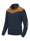 Men's Clothing Vertical Ribbed Half-Zip Stand Collar Sweatshirt with Suede Patchwork Retro Long-Sleeve