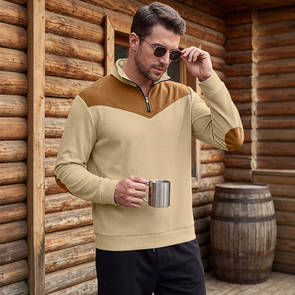 Men's Clothing Vertical Ribbed Half-Zip Stand Collar Sweatshirt with Suede Patchwork Retro Long-Sleeve