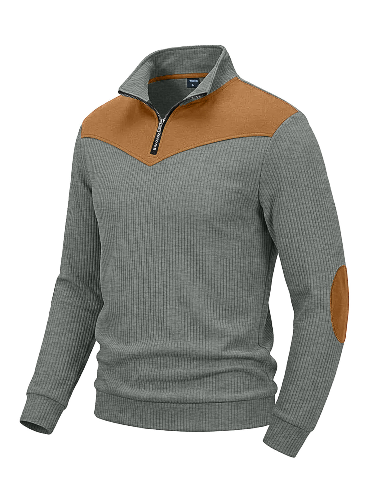 Men's Clothing Vertical Ribbed Half-Zip Stand Collar Sweatshirt with Suede Patchwork Retro Long-Sleeve
