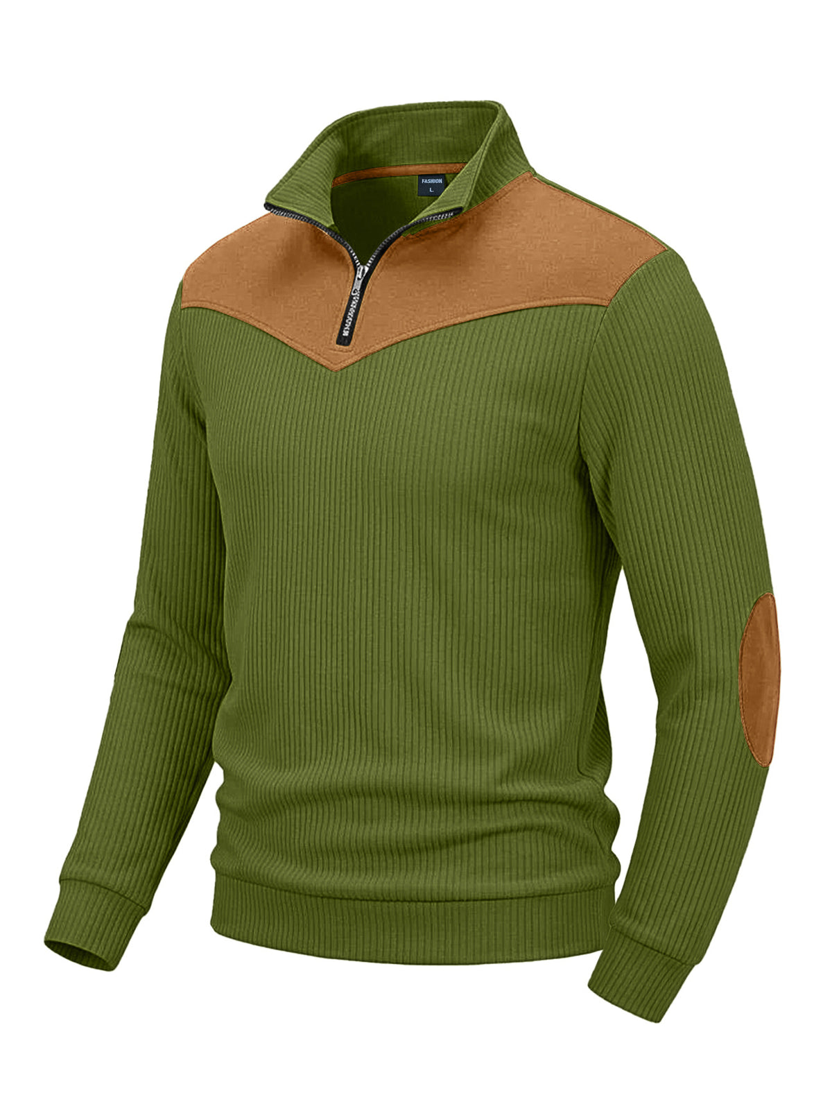 Men's Clothing Vertical Ribbed Half-Zip Stand Collar Sweatshirt with Suede Patchwork Retro Long-Sleeve