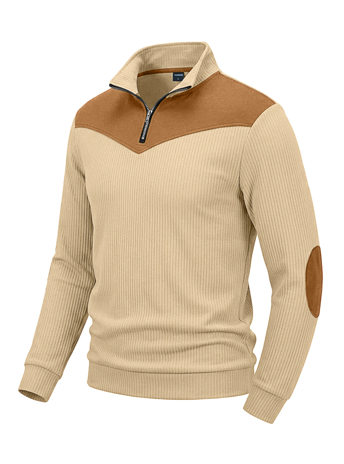 Men's Clothing Vertical Ribbed Half-Zip Stand Collar Sweatshirt with Suede Patchwork Retro Long-Sleeve