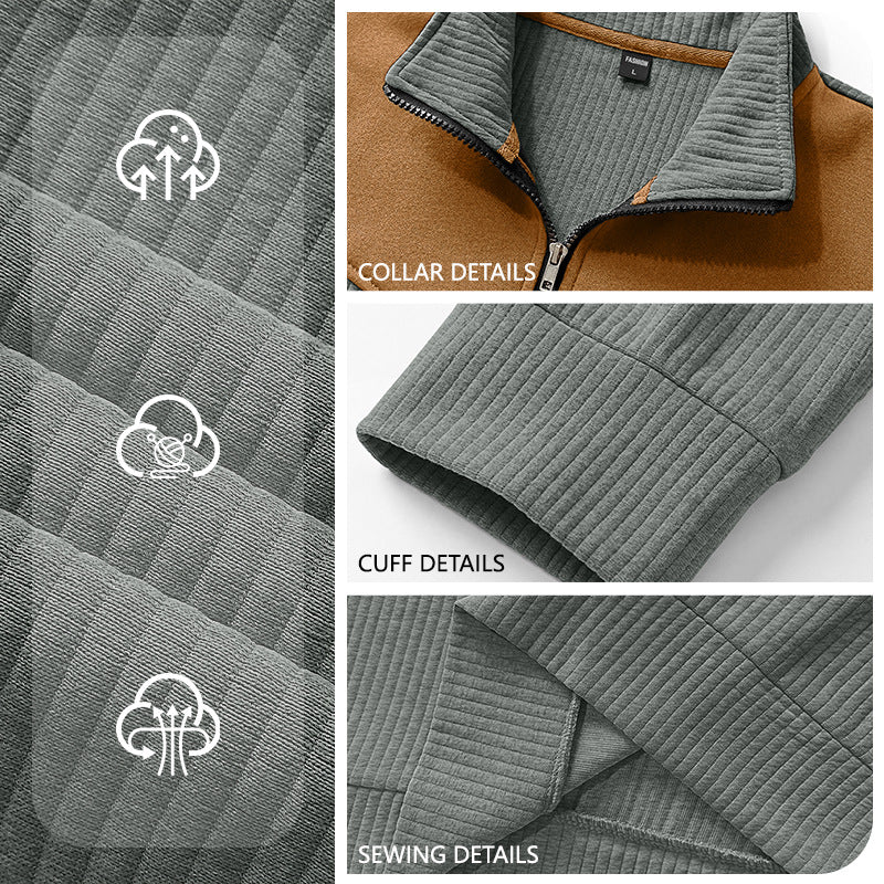 Men's Clothing Vertical Ribbed Half-Zip Stand Collar Sweatshirt with Suede Patchwork Retro Long-Sleeve