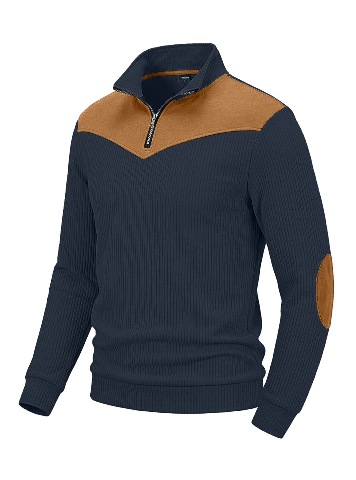 Men's Clothing Vertical Ribbed Half-Zip Stand Collar Sweatshirt with Suede Patchwork Retro Long-Sleeve